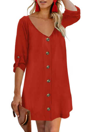 Red V Neck Button Front Roll up Tab Sleeve Dress f38f0