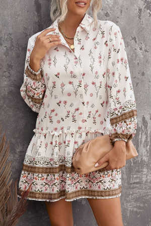 Floral Print Puff Sleeve Buttoned Shirt Mini Dress 24548