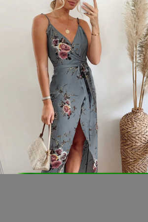 Gray Floral Wrap Maxi Dress With Slit 278da