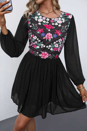 Black Floral Mesh Splicing Lined Flowy Dress 4e4cf