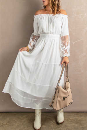 White Off Shoulder Embroidered Flared Sleeve Lace Maxi Dress 5770b