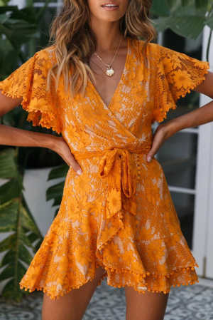 Orange Flutter Sleeve Wrap V Neck Floral Lace Short Dress c6f33