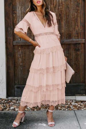 Pink Swiss Dot Print See-through Lace Patch Layered Long Dress cafd8