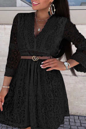 Black Lace V Neck See-through Sleeve Mini Dress 0e6e1