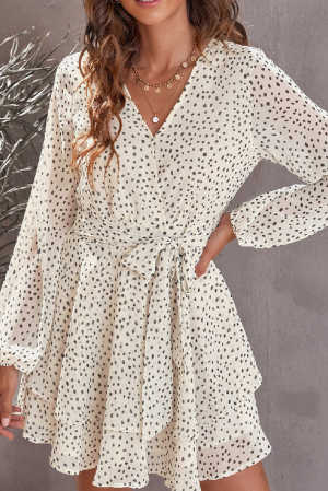 Beige V Neck Baggy Sleeve Waist Tie Double Layer Ruffle Hem Dotted Print Short Dress 47c11