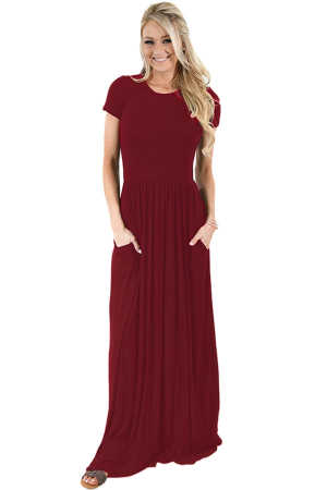 Wine Short Sleeve Ruched Waist Maxi Dress eca9a