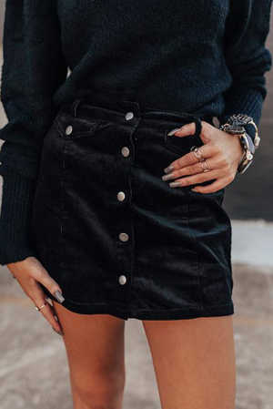 Black High Waist Button Corduroy Mini Skirt 2477c